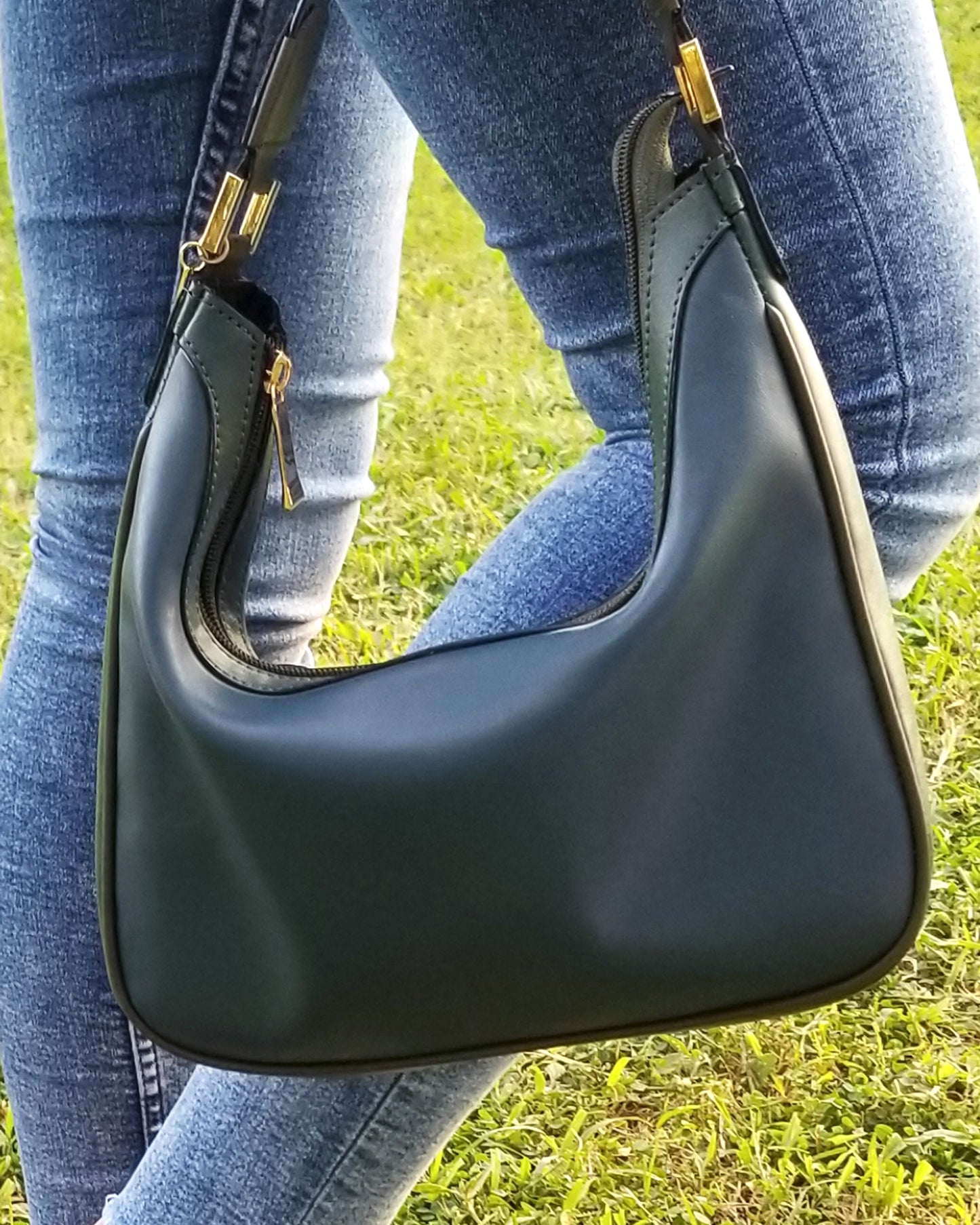 Navy Blue and Green Spacious Shoulder handbag close up