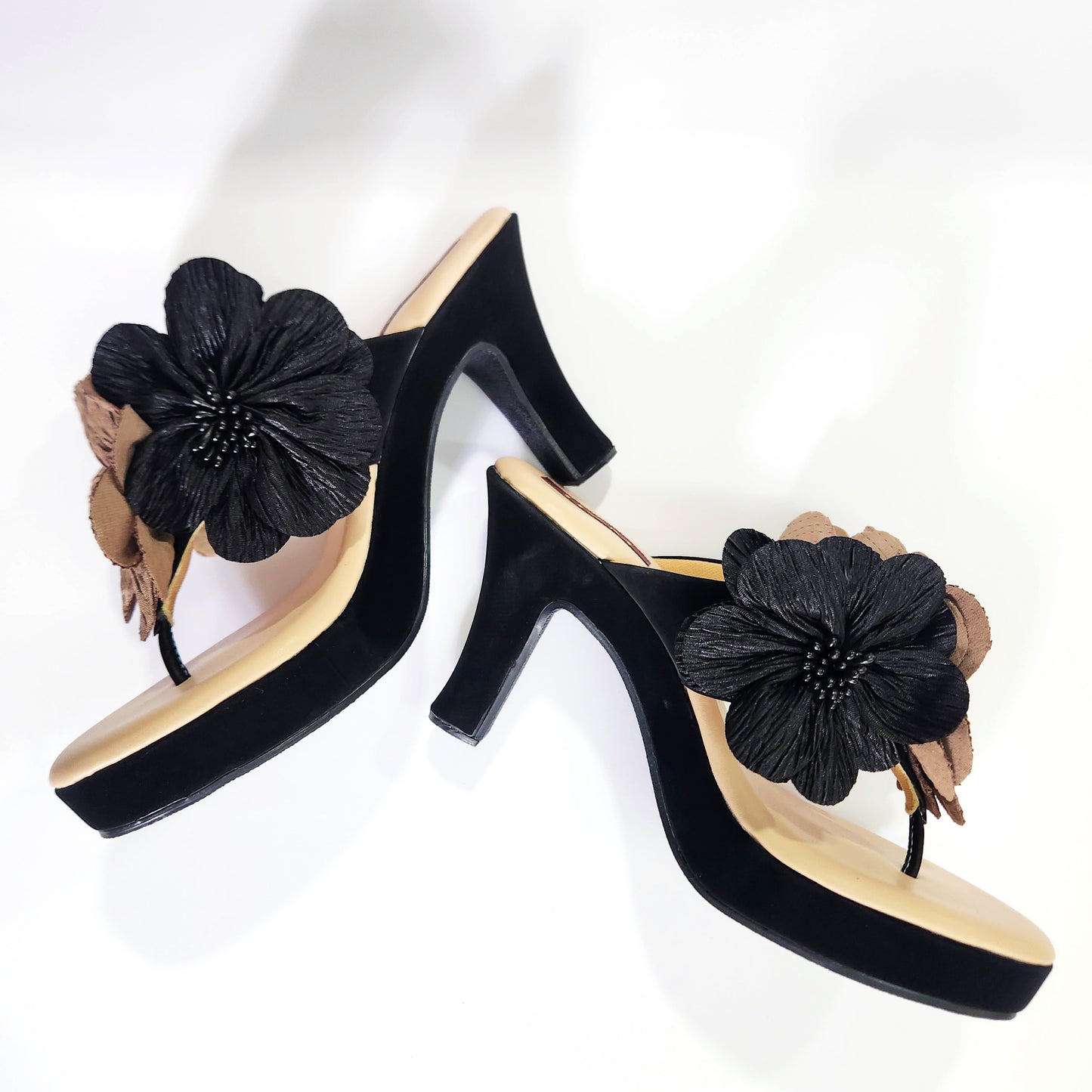 Black Beige flower high heels platform heels