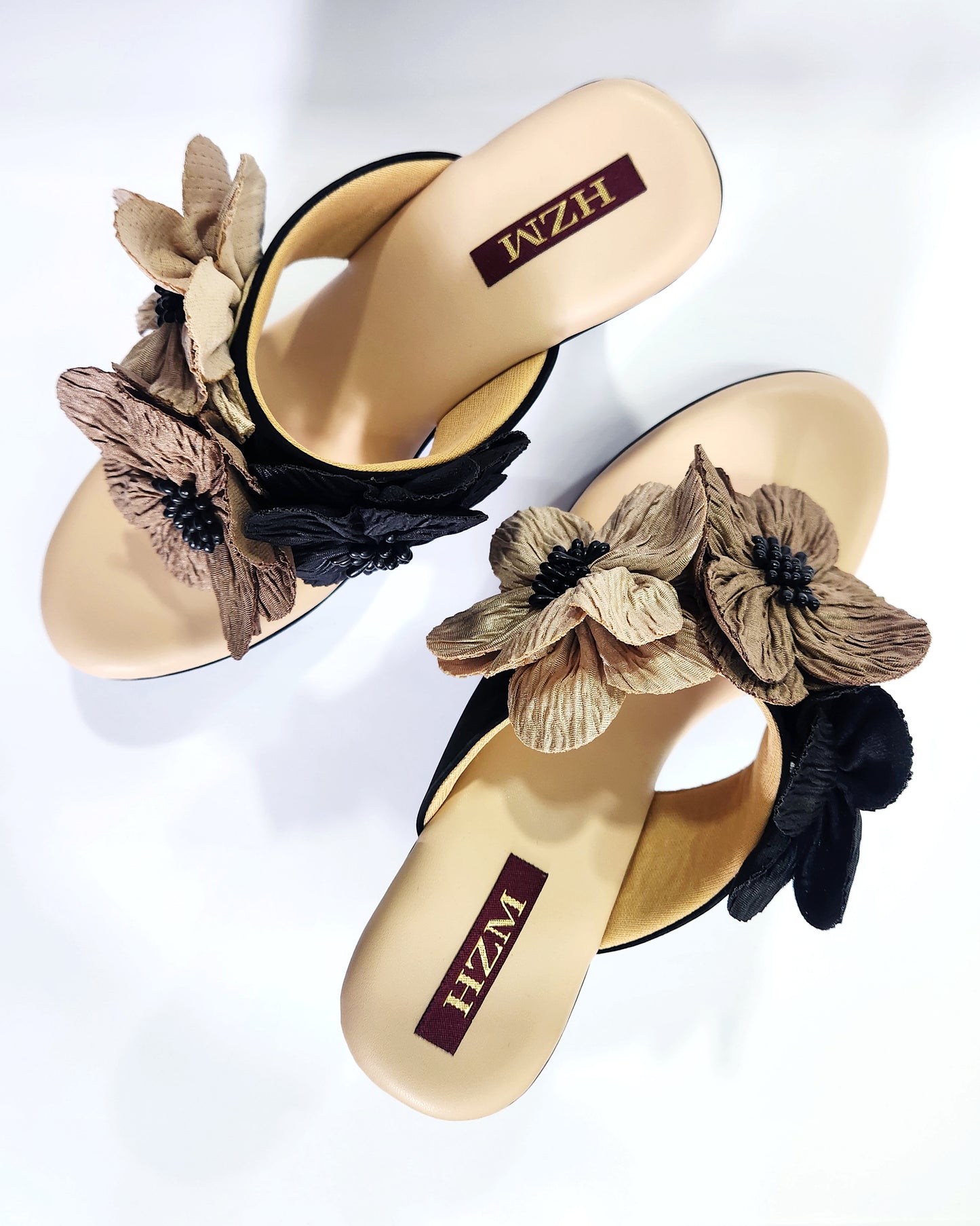 Black Beige flower high heels platform heels