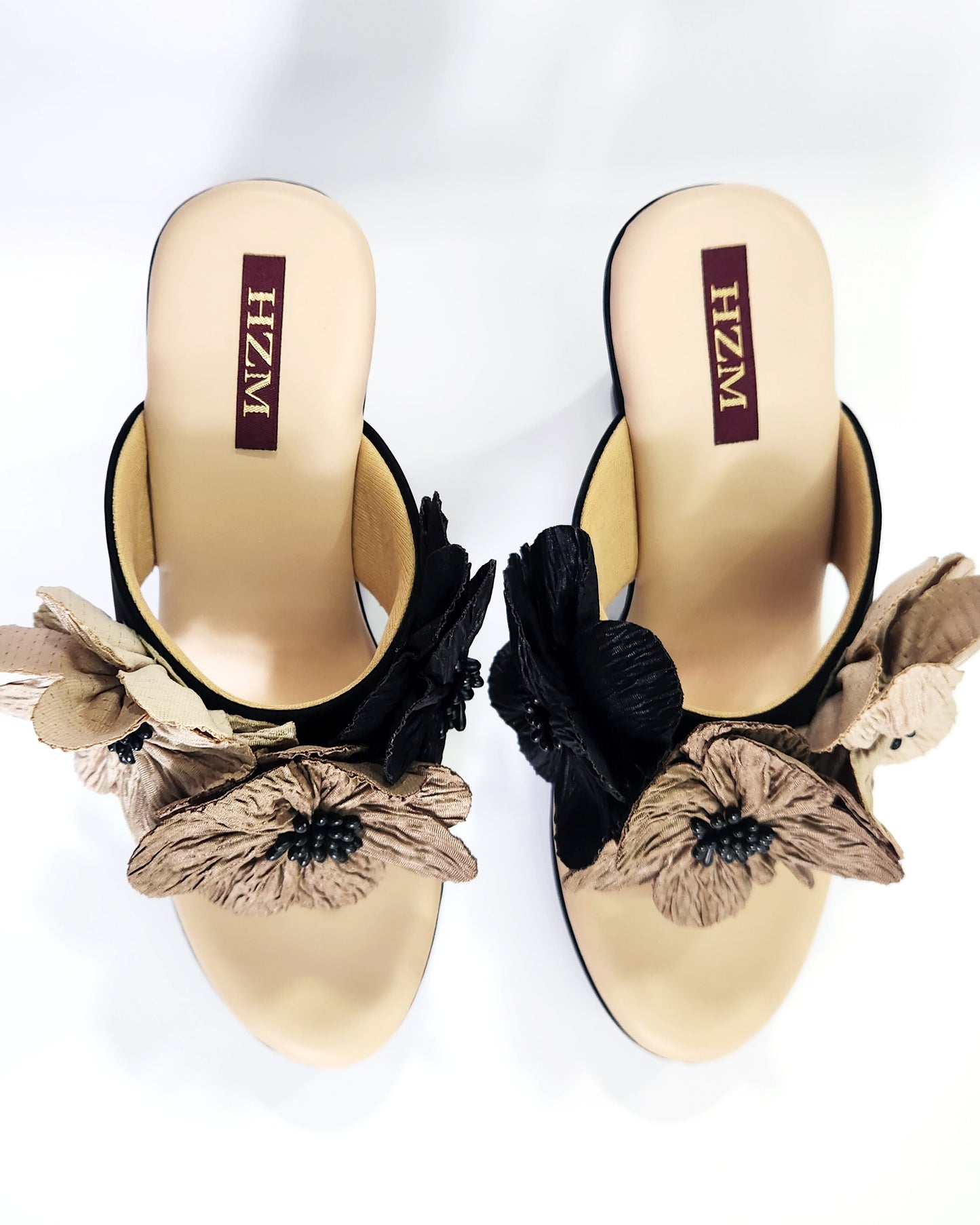 Black Beige flower high heels platform heels 