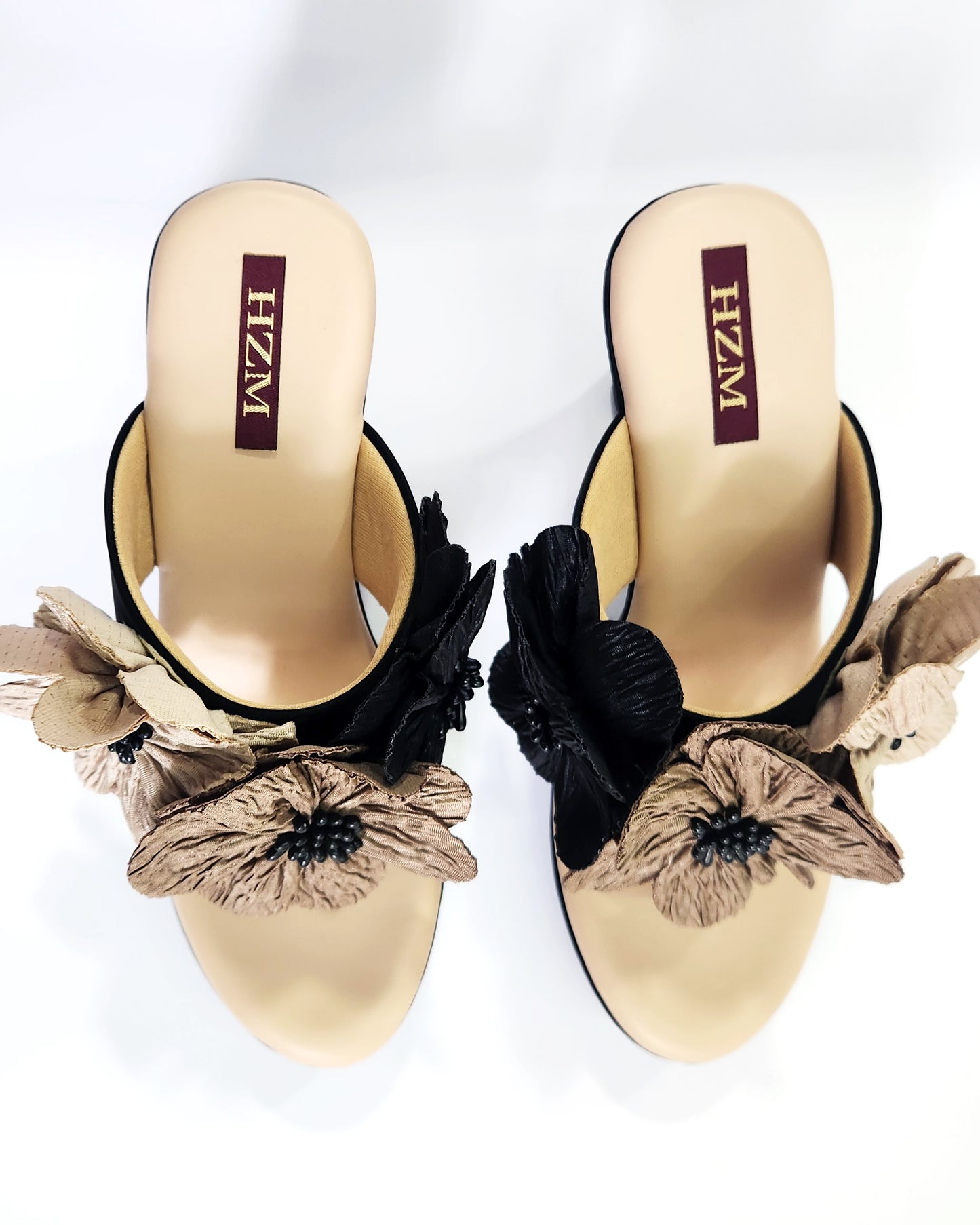 Black Beige flower high heels platform heels