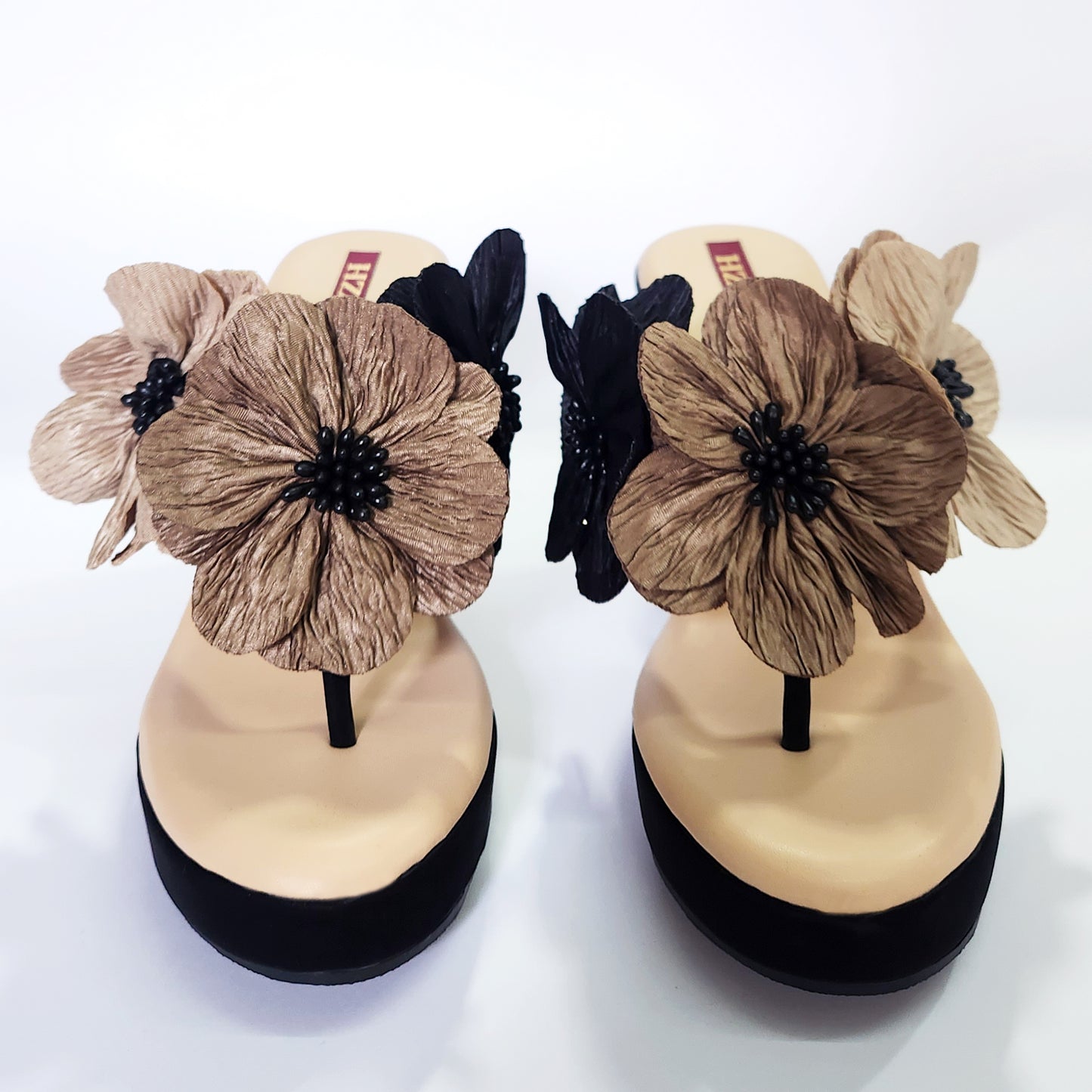 Black Beige flower high heels platform heels