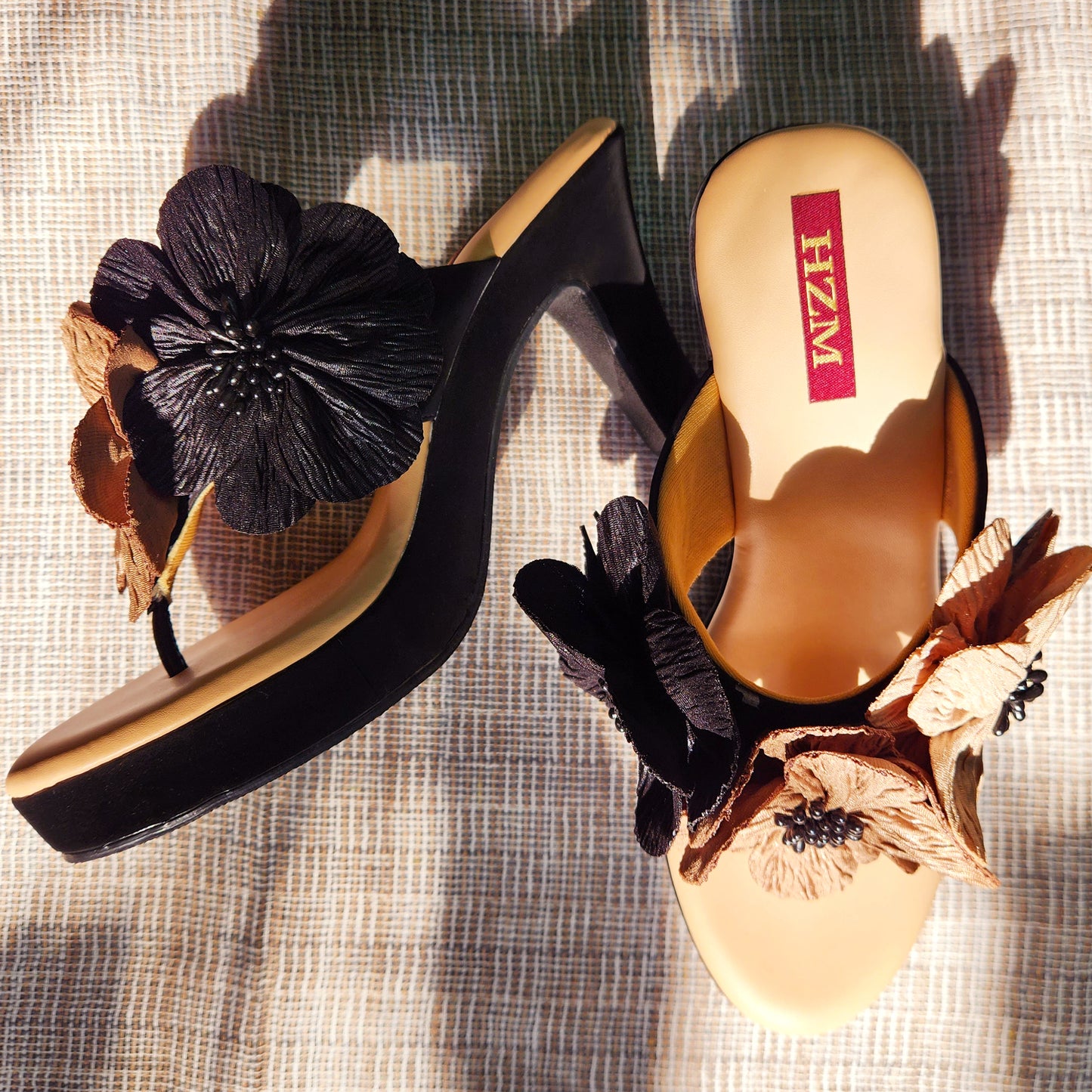 Black Beige flower high heels platform heels
