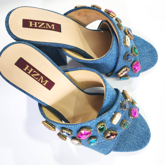 Denim blue rhine stone colour high heels