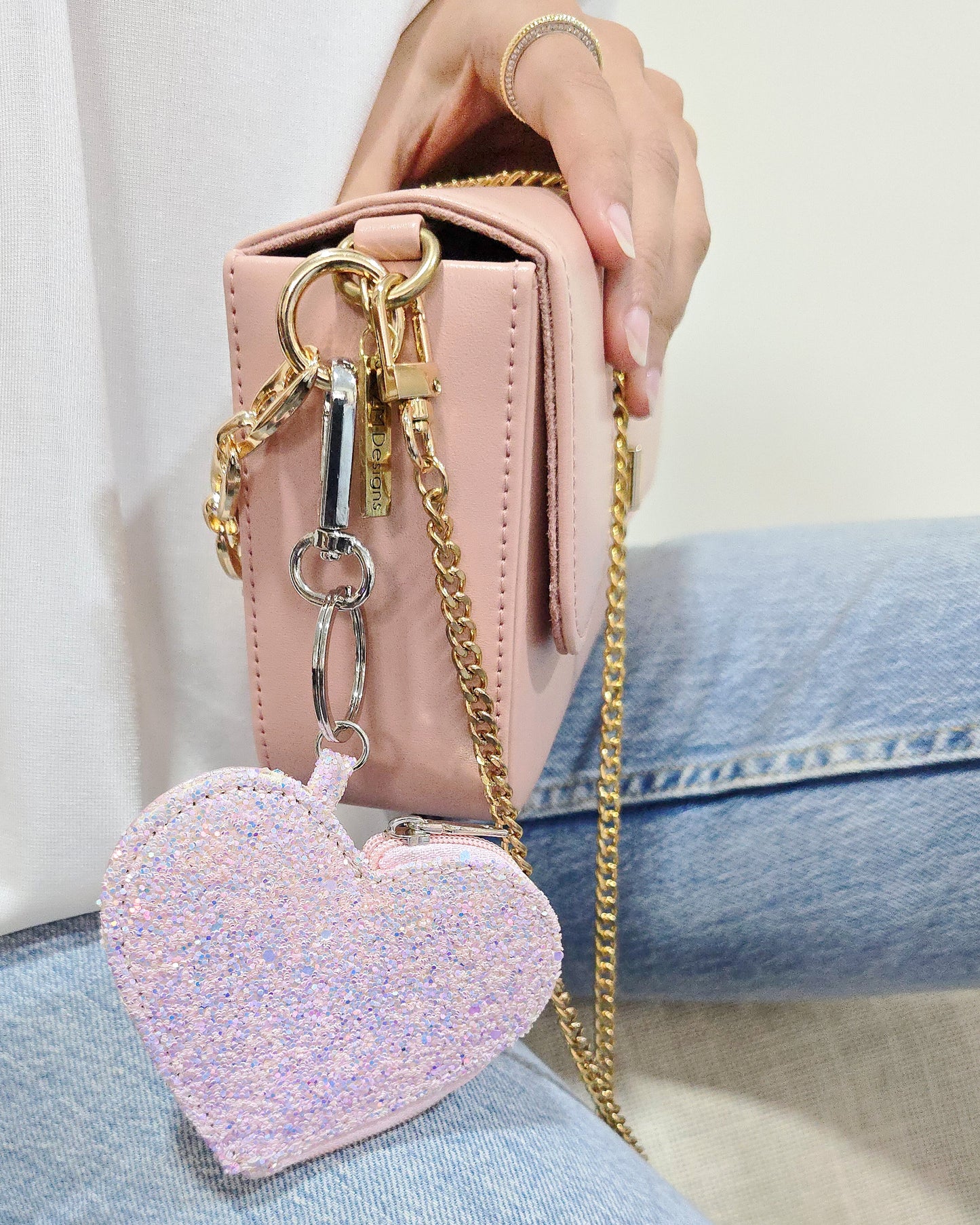 Glitter Heart Keychain, Light Pink