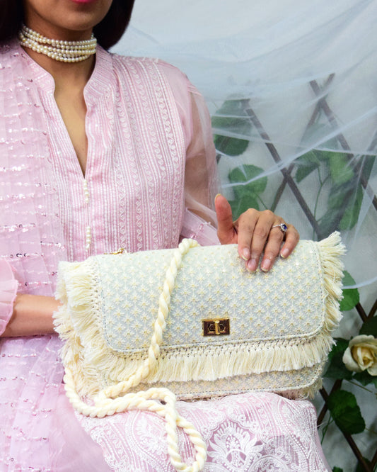 White Formal Indian Wedding Tassel Handbag with gold Buckle Front