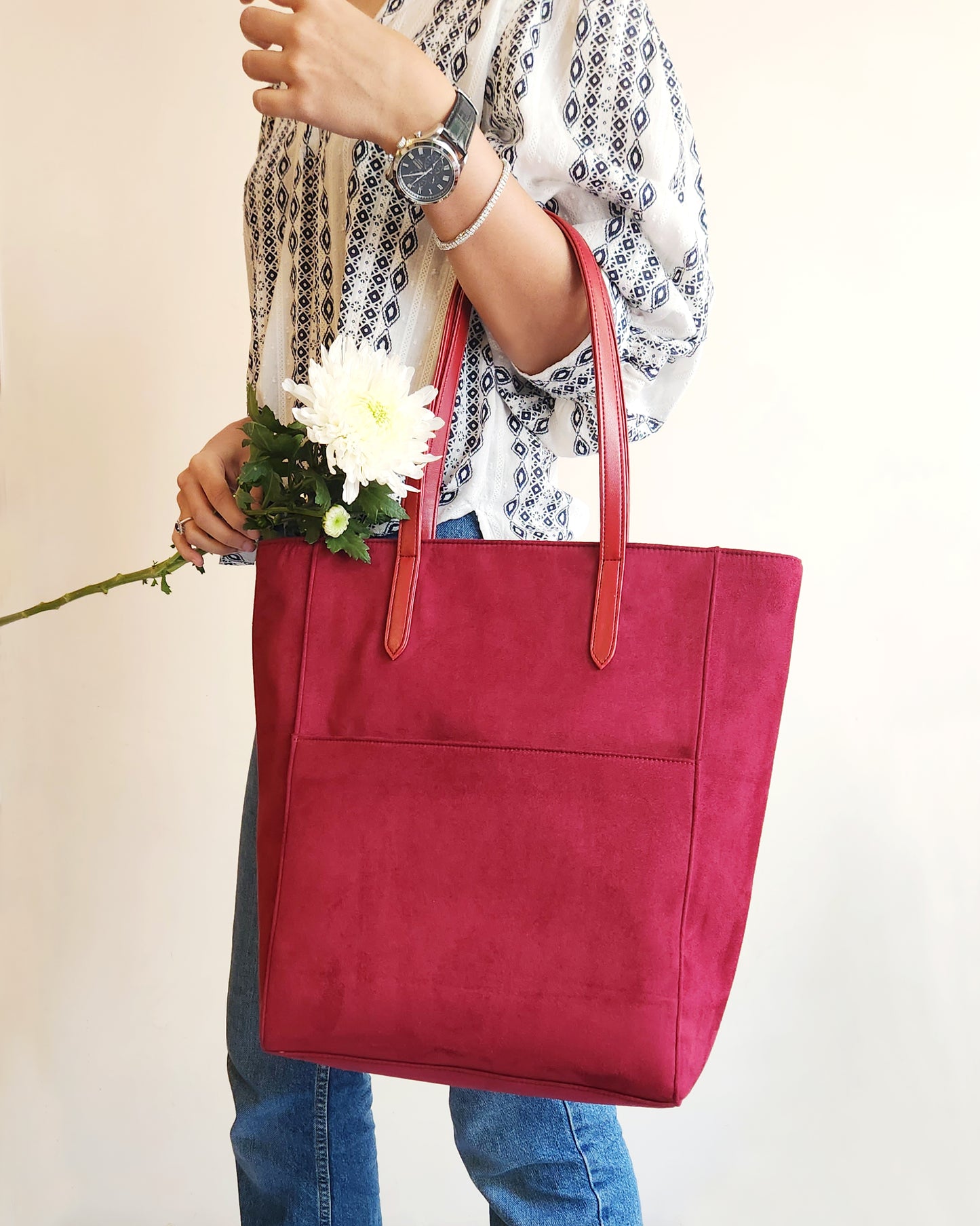 Summer Suede Large Work Tote Handbag Red Maroon