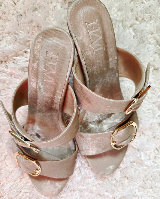 Buckled Strap Pencil Heels, Gold Antique