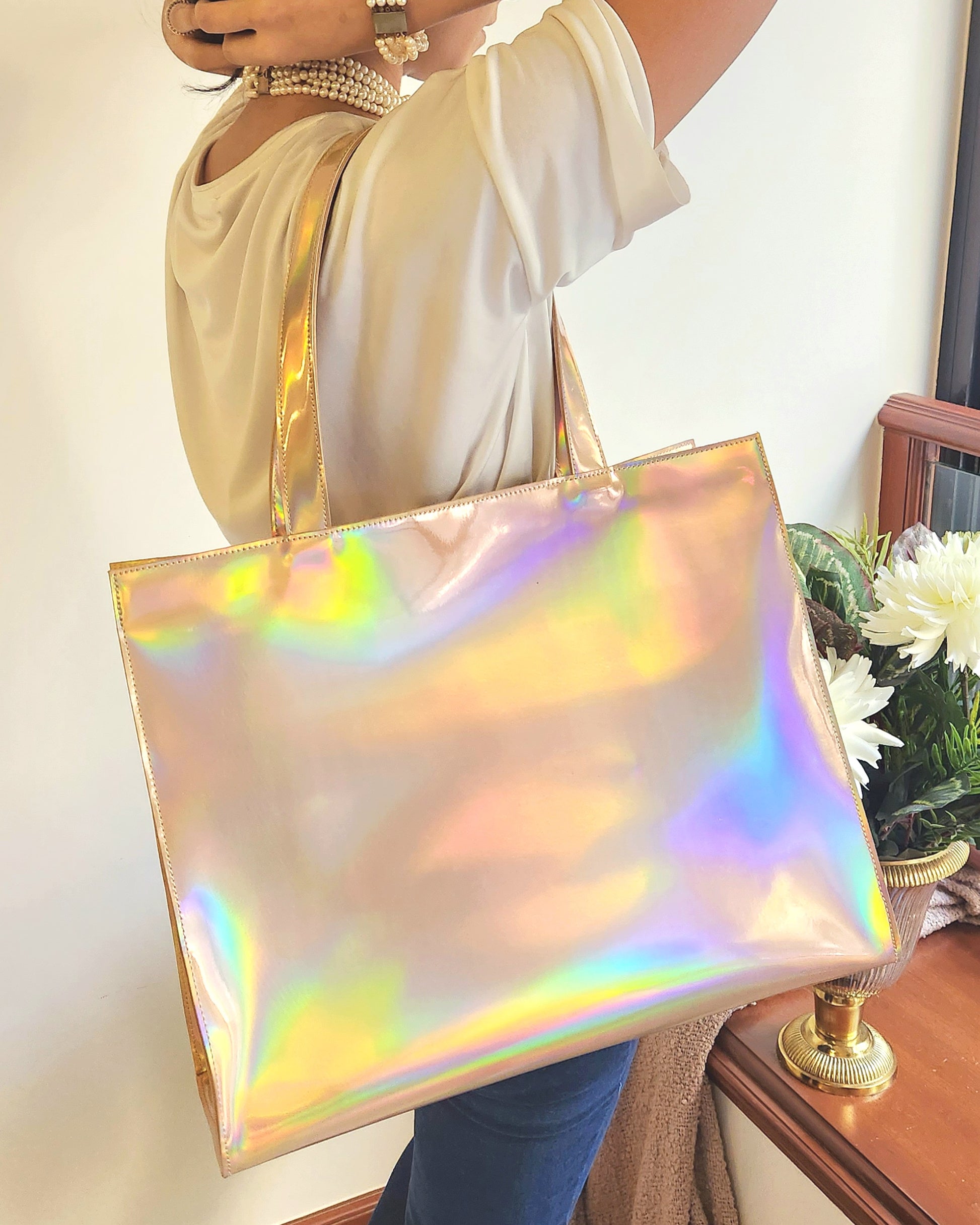 Gold Iridescent Large Tote handbag Front