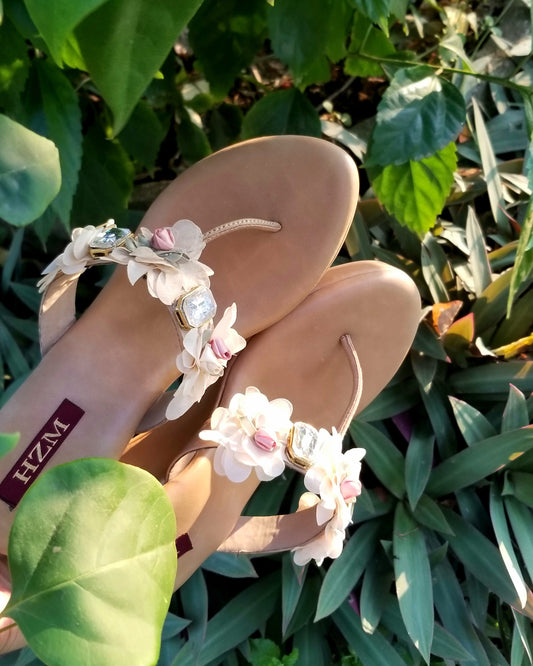 Light Pink Nude Beige flower wedge heels