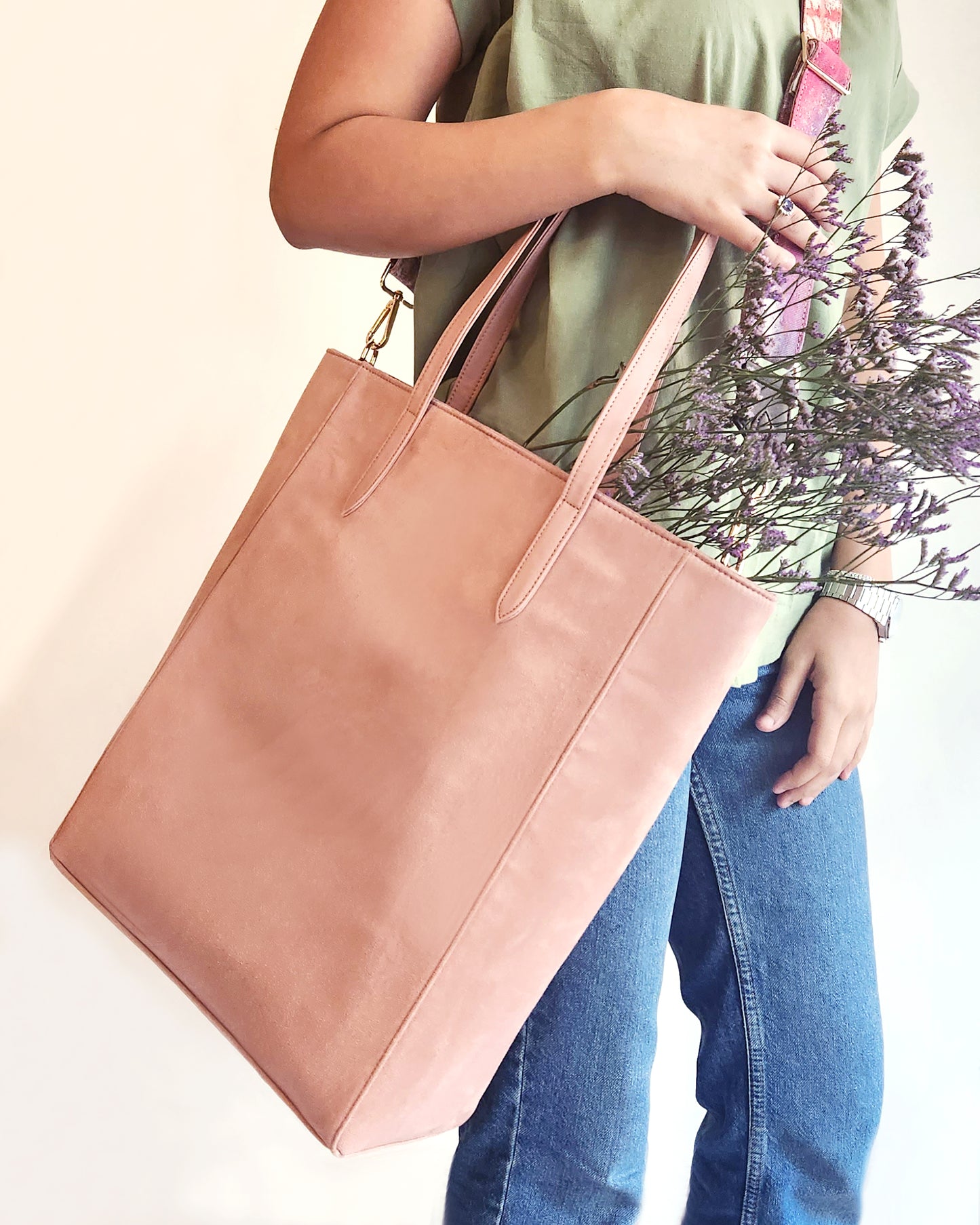 Summer Suede Large Work Tote Handbag Light pink Front